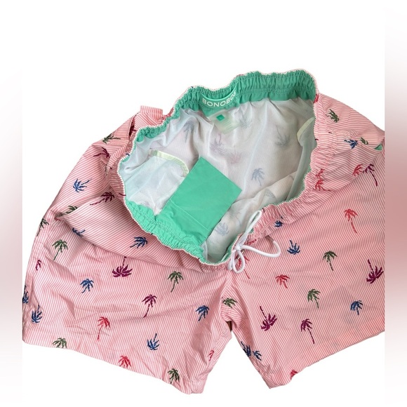 Bonobos Riviera Recycled Swim Trunks Pink Stripes Palm Trees  7” Inseam Size L - Picture 9 of 10